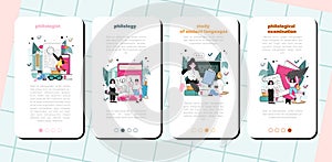 Philologist mobile application banner set. Scientific study of language