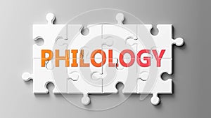 Philology complex like a puzzle - pictured as word Philology on a puzzle pieces to show that Philology can be difficult and needs photo