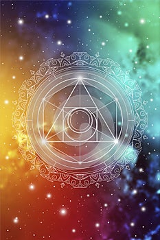 Philosopher stone sacred geometry spiritual new age futuristic illustration in front of cosmic background