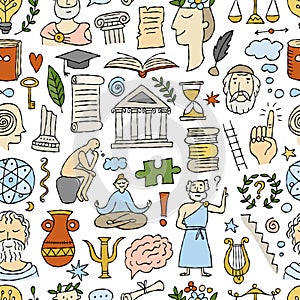 Philosophy concept art, hand-drawn philosophers and elements. Seamless pattern background for your design in flat style