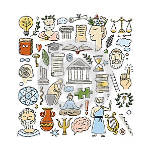 Philosophy concept art, hand-drawn philosophers and elements. Square frame background for your design