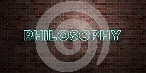 PHILOSOPHY - fluorescent Neon tube Sign on brickwork - Front view - 3D rendered royalty free stock picture