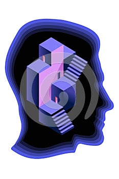 Philosophy, psychology, mental health concept. Surreal head with abstract geometric architectural shapes. Metaphor for open mind,