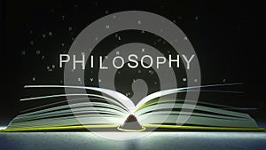 PHILOSOPHY text made of glowing letters vaporizing from open book. 3D rendering