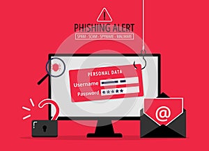 Phishing bait alert concept, login into account email with fishing hook, hacker trying to hack and steal personal data, cyber