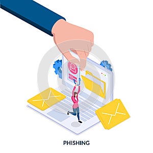 Phishing. Concept of internet fraud, computer virus and spyware, data leaks. User on the hook. Vector illustration in isometric