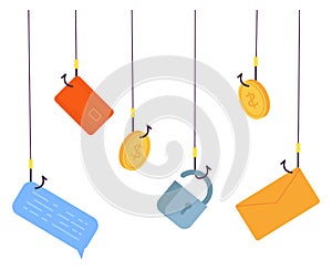 Phishing concept. Money hanging on hooks. Cyber theft