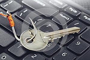 phishing  hacking personal data and money   key and hook on computer keyboard