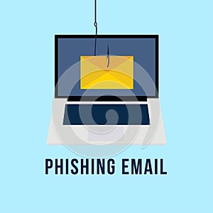 Phishing mail with a fishing hook vector. Hacker stealing mail illustration. Online password and login scam. Computer hacker spam