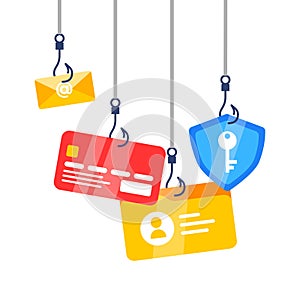 Phishing Scam Alert Concept. Phishing scam, hooks bait with email, card, and shield. Vector illustration