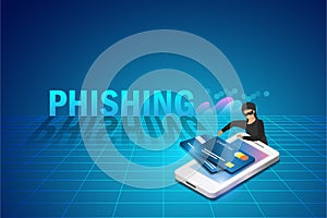 Phishing scam, hacker attack. Hacker online phishing credit card data from user account on digital device and smartphone.	Cyber se