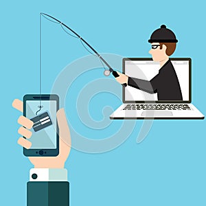 Phishing scam, hacker attack and web security vector concept. Illustration of phishing and fraud, online scam and steal