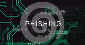 Phishing text image over digital circuit board and binary code background
