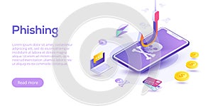 Phishing via internet isometric vector concept illustration. Email spoofing or fishing messages. Hacking credit card or personal