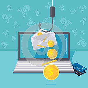 Phishing via internet vector illustration. Fishing by email spoofing or instant messaging. Hacking credit card or personal