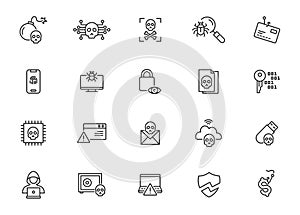 Phising email scam vector line icon set. Fishing fraud hook steal money phising malware. photo