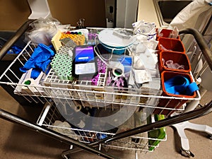 Phlebotomy Cart in Hospital with Needles, Blood Tubes in Racks