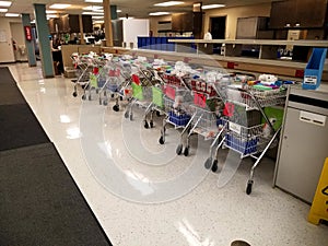 Phlebotomy carts lined up in hospital laboratory