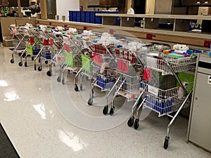 Phlebotomy carts lined up in hospital laboratory