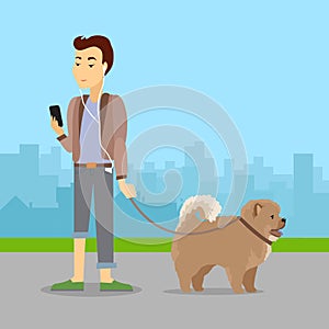 Phlegmatic Temperament Type Boy Walking with Dog photo