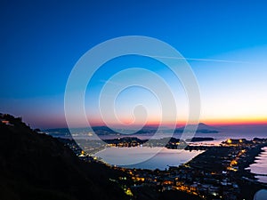 Phlegraean Fields and the Gulf of Naples at dawn with the Vesuvius volcano in the background, a beautiful panorama photo