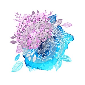 Phlox and hydrangea. Purple flowers with watercolor. Vector illustration