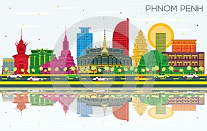 Phnom Penh Cambodia City Skyline with Color Buildings, Blue Sky and Reflections. Vector Illustration. Phnom Penh Cityscape with