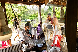 Image of people in the countryside in Cambodia. Khmer family having lunch with traditional food.