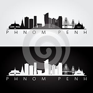 Phnom Penh skyline and landmarks silhouette