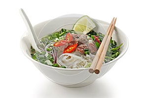 Pho bo , Vietnamese rice noodle soup with sliced r photo