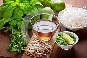 pho with garnishes like basil, bean sprouts