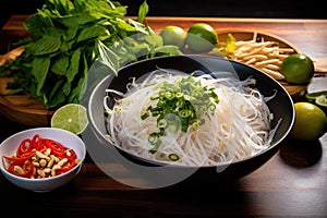 pho with garnishes like basil, bean sprouts