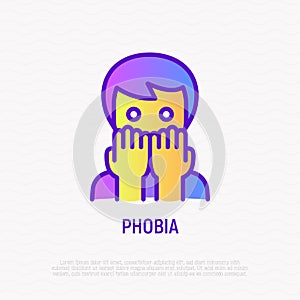 Phobia thin line icon: scared man. Modern vector illustration of anxiety, panic attack