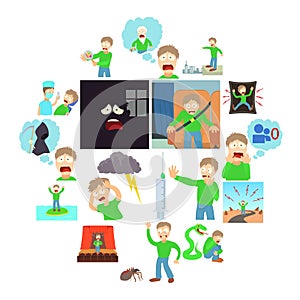 Phobias icons set human, cartoon style