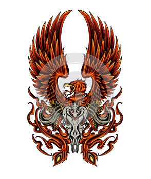 Phoenix illustration with skull. fire of phoenix design for apparel and merchandise.