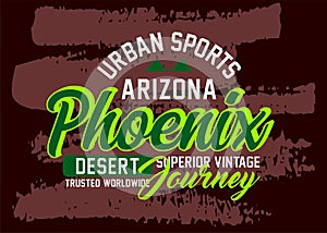 Phoenix Arizona desert journey urban sports typeface vintage college, for print on t shirts etc.