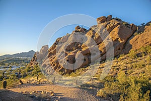 Phoenix, Arizona- View of a rock formation near the cliff at Camelback Mountain during golden hour