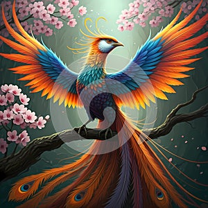 A phoenix bird with beautiful feathers, perched on a branch, with blooming flowers around, fantastic, spirit animal art photo