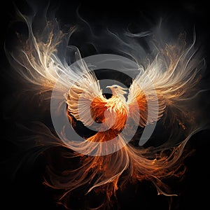 Phoenix bird, fiery bright red orange bird on black, fantastic creature, beautiful background