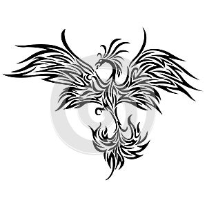 Phoenix bird in flight black silhouette drawn by decorative lines in a flat style. Bird tattoo, firebird logo, emblem
