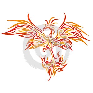 Phoenix bird in flight bright silhouette drawn by decorative lines in a flat style. Bird tattoo, firebird logo, emblem