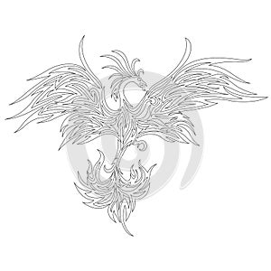 Phoenix bird in flight outline. Design for bird tattoo, decor, firebird logo, coloring book, clothing design emblem, sticker