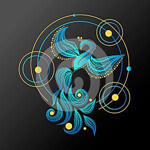 Phoenix bird.Peacock flaing bird vector illustration.Firebird geometrical tattoo design.