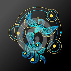 Phoenix bird.Peacock flaing bird vector illustration.Firebird geometrical tattoo design. photo