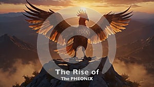 A phoenix bird stands with outstretched wings on top of a mountain at sunrise, generated by Ai.