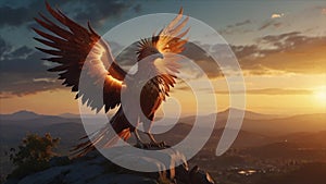 A phoenix bird stands with outstretched wings on top of a mountain at sunrise, generated by Ai.