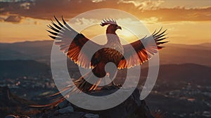 A phoenix bird stands with outstretched wings on top of a mountain at sunrise, generated by Ai.