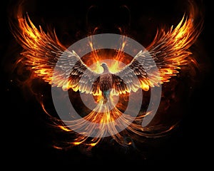 The Phoenix bird was made of fire over a black background.