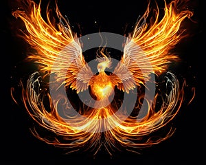 The Phoenix bird was made of fire over a black background.