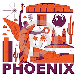 Phoenix culture travel set, American famous architectures, USA in flat design. Business travel and tourism concept clipart. Image